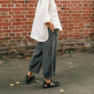 High waist tapered linen pants, Elastic waist wide leg pants