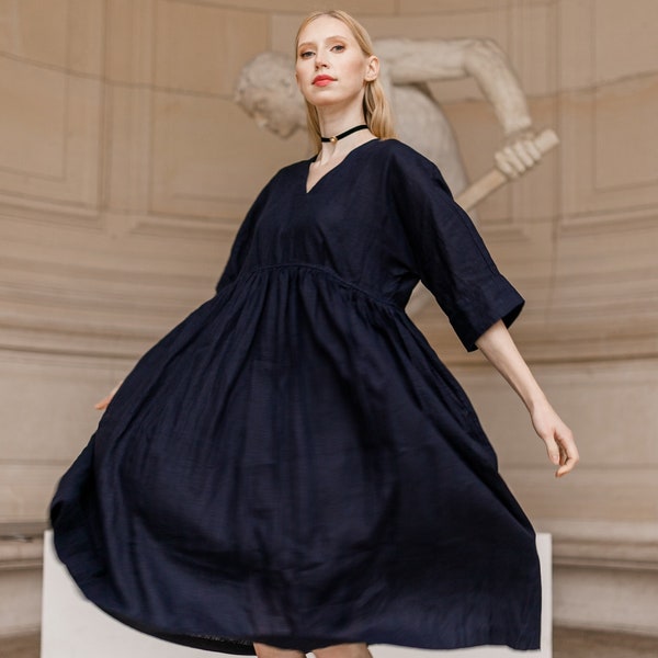 Robe smockée en lin pour femme, Robe ample avec poches, Robe en lin oversize avec taille froncée