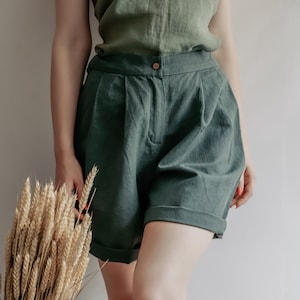 LINEN shorts ZOSYA, High Waisted linen shorts with pockets, wide leg linen shorts for women plus size to 3XL