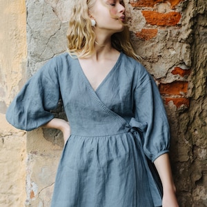 Linen Wrap Dress ERENA, Ruffle Linen Dress with Pockets, Balloon Sleeves Dress image 1