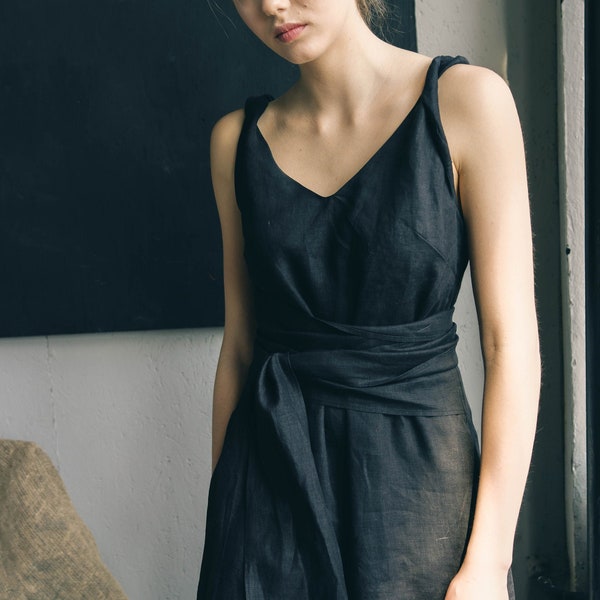 BLACK LINEN DRESS mit Taschen Maxi-Boho-Kleid in Schwarz