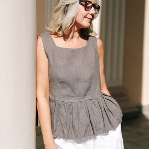 LINEN PEPLUM TOP, Sleeveless Linen Top, Ruffle Hem Blouse, Square Neck Crop Top