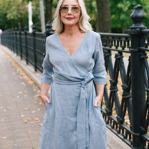 Linen Wrap Dress EMILY, Summer Dress with Pockets, Midi Linen Dress with Belt image 1