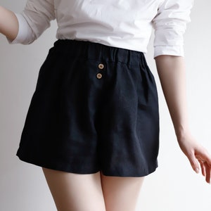 Tuman High Waisted Shorts, Black Linen Shorts for Women, Wide Leg Shorts image 1