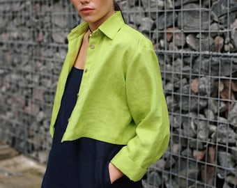 Cropped Shirt for Women, Boxy Cropped Top, Oversized Linen Blouse, Crop Top Blouse, Button up Linen Shirt