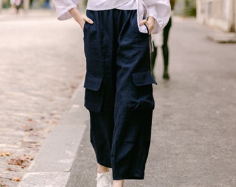 LINEN CARGO PANTS for Women, Wide Leg Linen Cropped Pants with Elastic Waist, Fashion Gift for Mom