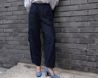 Tapered LINEN CARGO PANTS with Elastic Waist, Wide Leg Linen Cropped Pants, High Waisted Linen Trousers