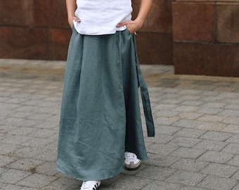MAXIROCK für Frauen, Langer Leinenrock mit Taschen, A-Linien-Wickelrock, Ausgestellter Leinenrock