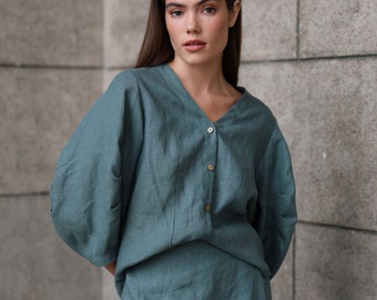 Balloon Sleeve Linen Blouse, Oversized Linen Top with Sculpted Sleeves, Puff Sleeve Blouse with Cocoon Back, Button Through Top