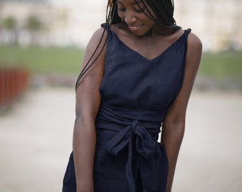 DRESS BLUE LINEN, Wedding Guest Dress Linen, Cocktail Dress for Women, Linen Sundress Size Xl