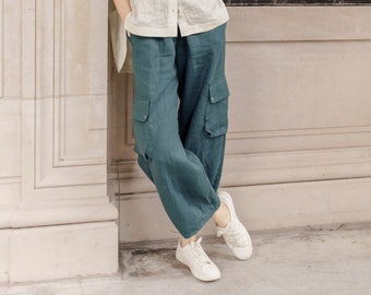 LINEN CARGO PANTS with Elastic Waist, Baggy Cargo Pants for Women, Wide Leg Linen Pants, Fashion Gift for Mom