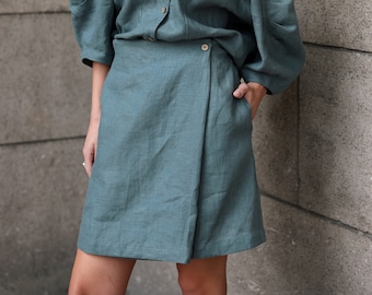 Pleated Mini Skirt LUBA, Linen Wrap Skirt with Pockets, High Waisted Linen Skirt