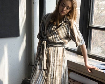 Striped LINEN WRAP DRESS with sleeves pockets and asymmetrical string