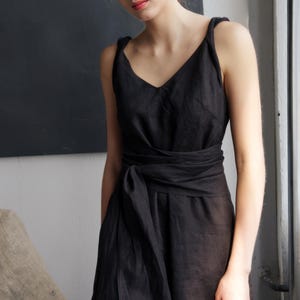 Black Linen Dress, Elegant V-Neck Dress, Summer Wedding Guest Outfit, Minimalist Cocktail Dress, Ready to Ship