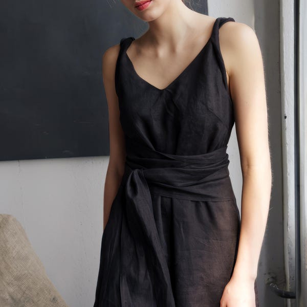 Black Linen Dress, Elegant V-Neck Dress, Summer Wedding Guest Outfit, Minimalist Cocktail Dress, Ready to Ship