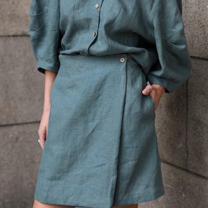 Linen Mini Skirt with Pockets, High Waisted Wrap Skirt, Short Black Summer Skirt, Minimalist Office Outfit, Vacation Skirt
