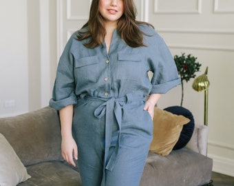 RAMONAC Loose Linen Jumpsuit, Linen Boiler Suit for Women