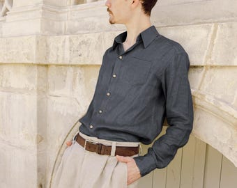 Men’s Linen Shirt, Gift for Husband, Long Sleeve Button Down Casual Shirt, Lightweight Natural Fabric Top, Ready to Ship