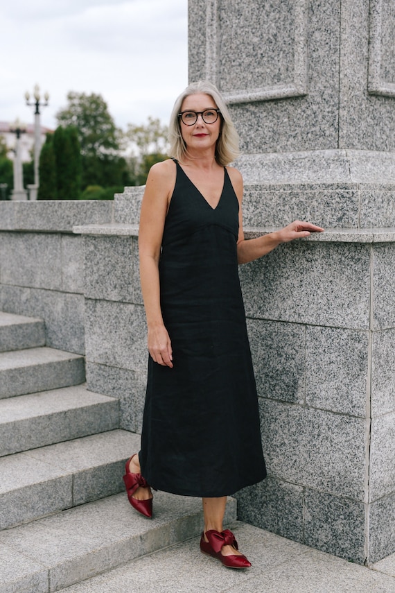 Black Linen Sundress, Spaghetti Strap Dress, Linen Slip Dress