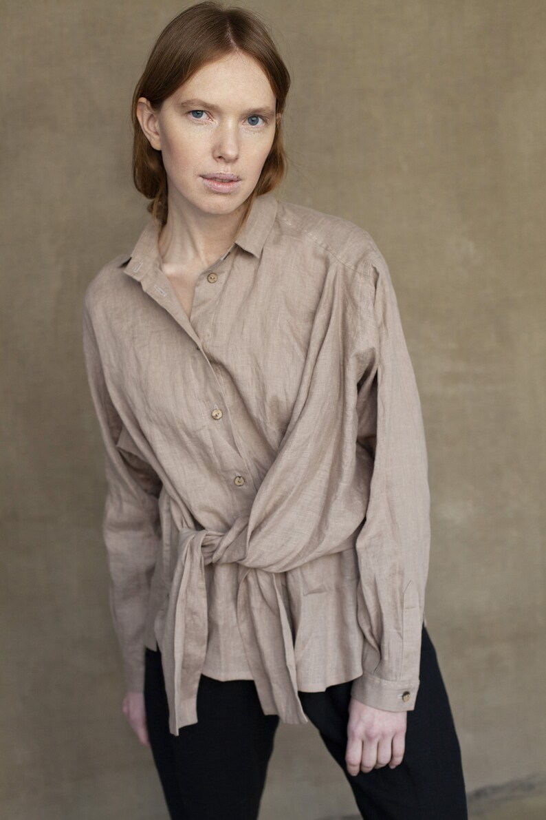 LINEN SHIRT GRAGINA Wrap Linen Blouse Collared Shirt for - Etsy