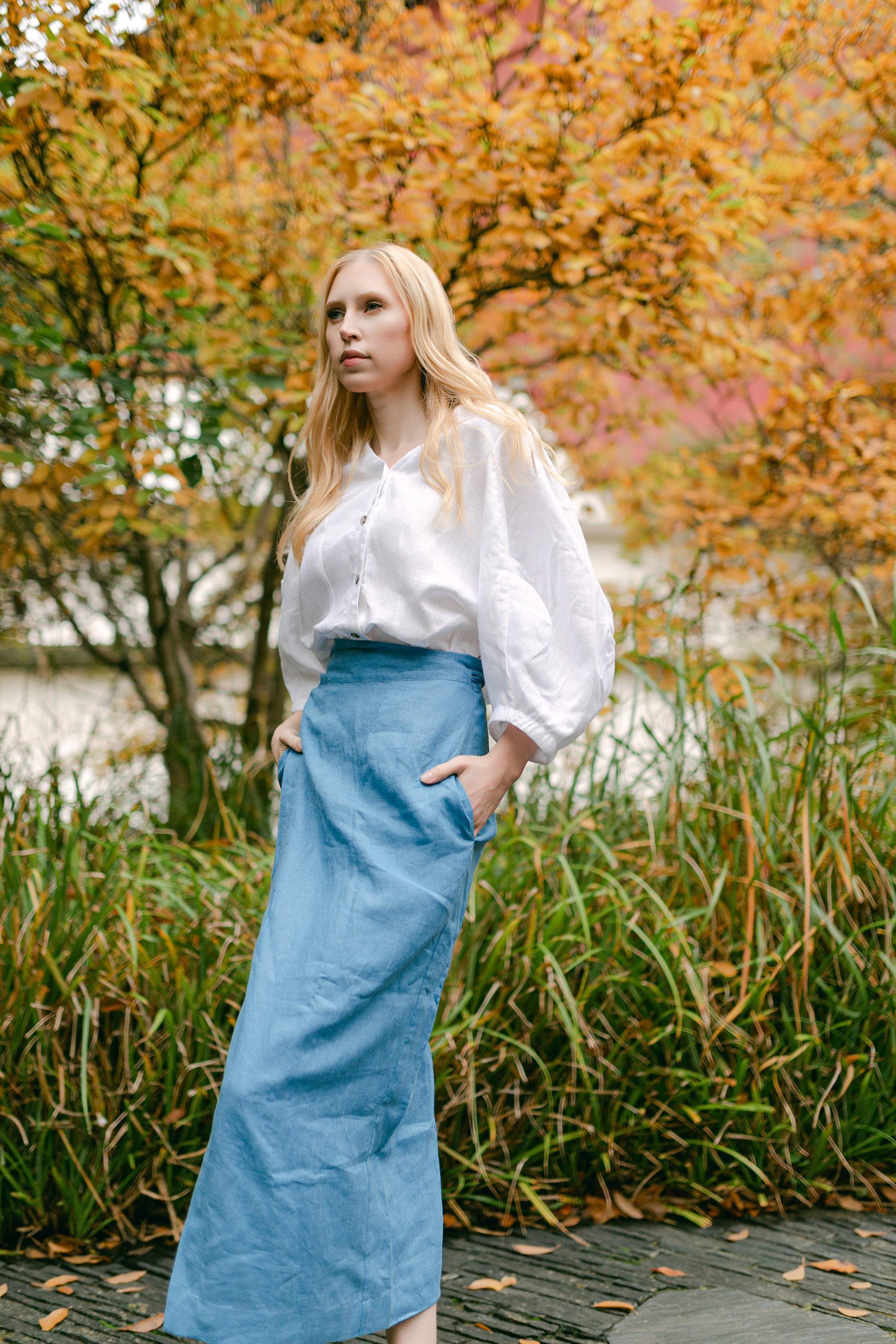 Linen Wrap Skirt, Long Skirt With Pockets, High Waist Pencil