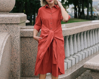 Linen Shirt Dress with Pockets YANA , Long Button Down Shirt Dress, Tie Front Linen Dress