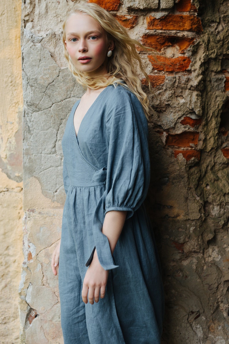 Linen Wrap Dress ERENA, Ruffle Linen Dress with Pockets, Balloon Sleeves Dress image 5