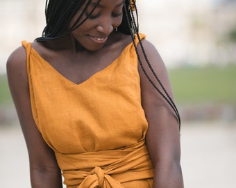 Yellow Linen Dress with Belt, Linen Dress Sleeveless, Linen Dress Plus Size to 4XL, Casual Summer Dress, Linen Dress with pockets