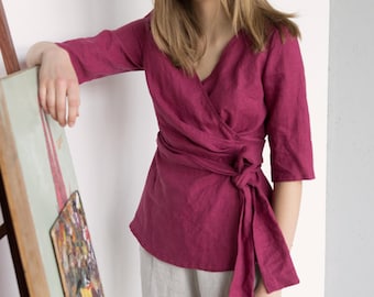 Ready to Ship Wrap Linen Top, Linen Boho Top, Linen Wrap Blouse, Romantic Summer Shirt, Casual Vacation Outfit, Resort Wear