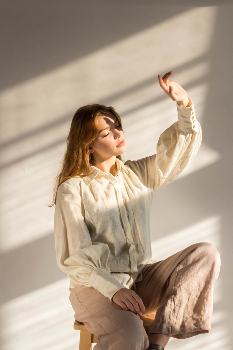 LINEN VICTORIAN blouse with puffy sleeves, linen blouse button up, Linen collar shirt image 2