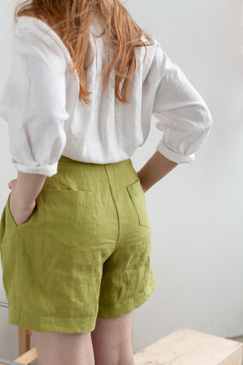 Chartreuse Green LINEN SHORTS High Waisted Linen Shorts With Etsy