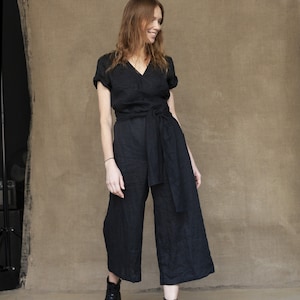 BLACK LINEN JUMPSUIT Wrap Linen Jumpsuit With Belt Wide Leg - Etsy