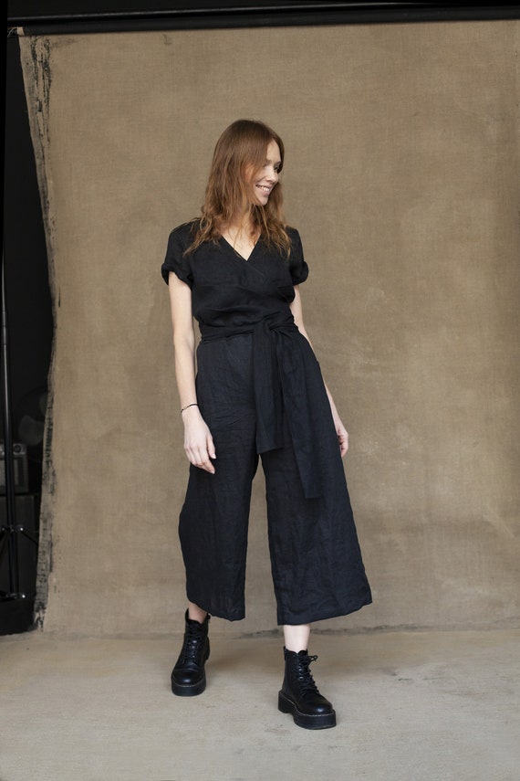 BLACK LINEN JUMPSUIT Wrap Linen Jumpsuit With Belt Wide Leg - Etsy