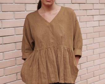 Chemisier péplum oversize en lin : blouse bohème à col V, tissu biologique