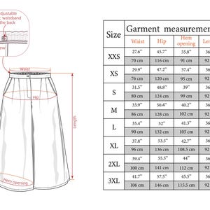 May include: A size chart for a skirt with measurements in inches and centimeters. The chart shows the waist, hip, hem opening, and length of the skirt in different sizes, from XXS to 3XL.