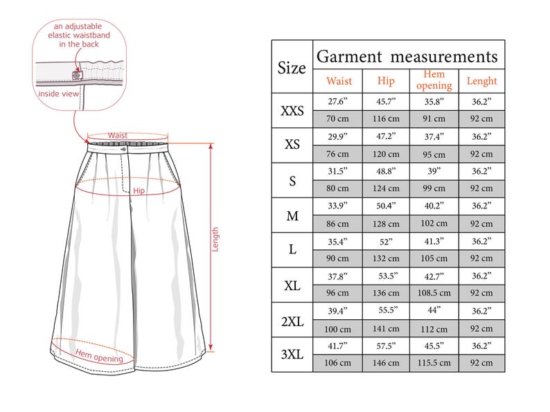 May include: A size chart for a skirt with measurements in inches and centimeters. The chart shows the waist, hip, hem opening, and length of the skirt in different sizes, from XXS to 3XL.