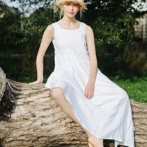 Linen Smock Dress with Pockets, Gray Midi Sundress, Loose Fit Minimalist Vacation Outfit, Cottagecore Summer Dress, Ready to Ship SIZE XS