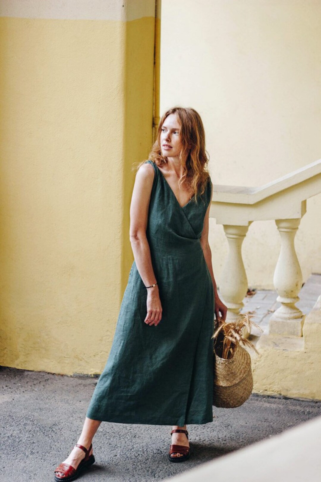 Maxi Sleeveless Linen Wrap Dress With Twisted Straps and 