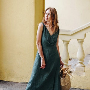 Maxi Sleeveless Linen Wrap Dress with Twisted Straps and Pockets NASTYA image 1