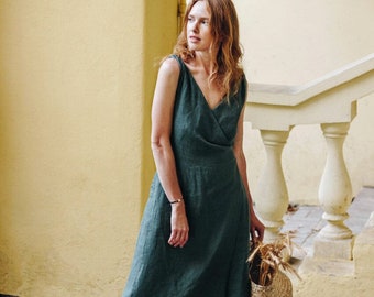 Maxi Sleeveless Linen Wrap Dress with Twisted Straps and Pockets NASTYA