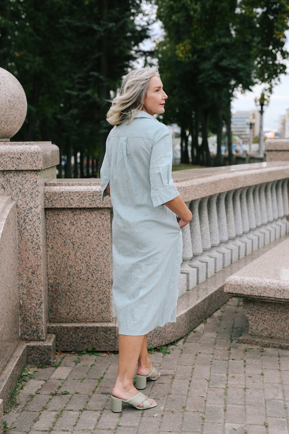 Linen Tie Front Midi Shirt Dress With Pockets YANA , Long Linen Button Down Shirt  Dress -  Canada