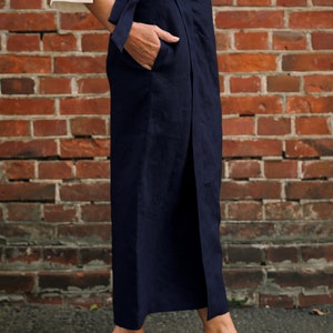 High Waisted Pencil Skirt, Wrap Linen Skirt with Pockets, Long Navy Skirt, Maxi Skirt Plus Size image 4