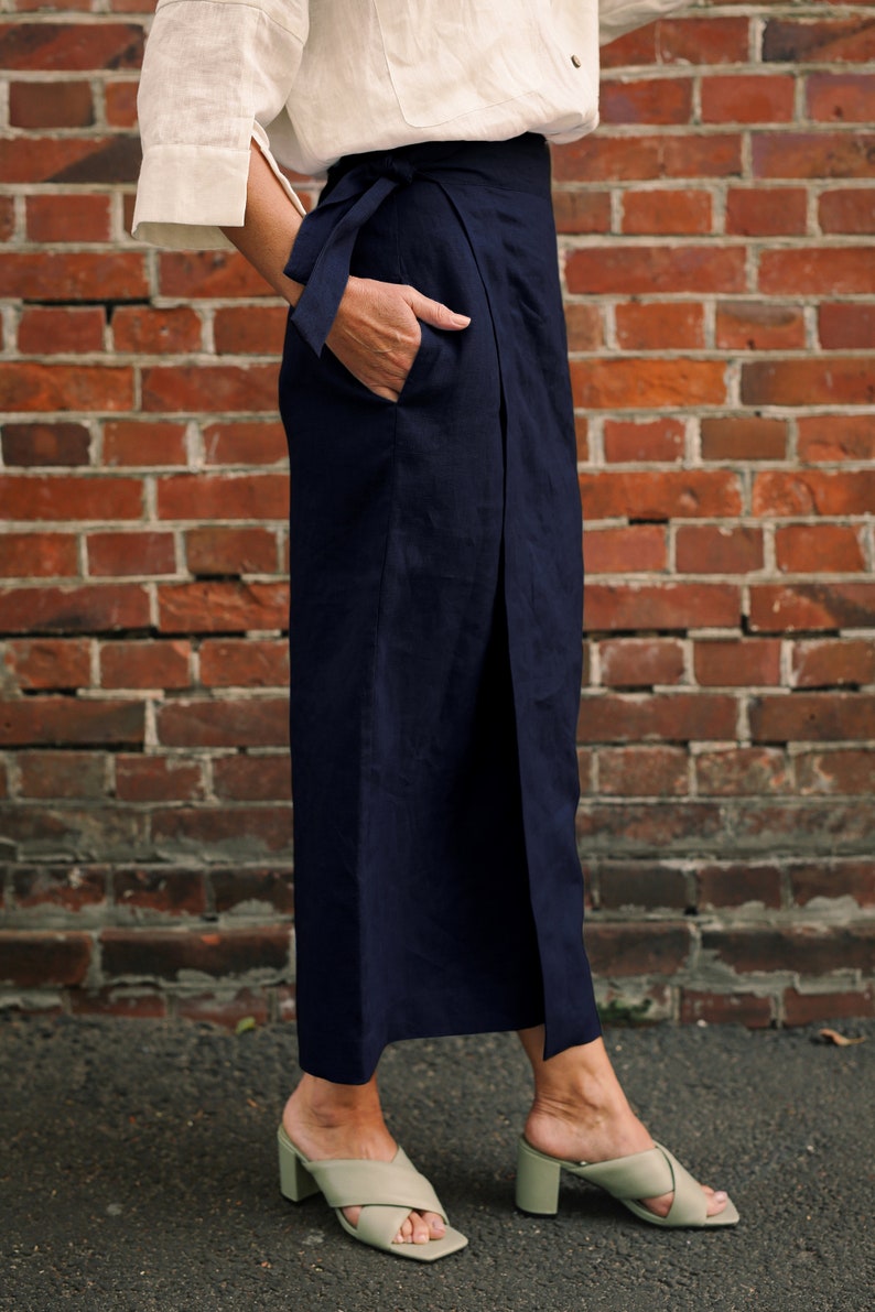 High Waisted Pencil Skirt, Wrap Linen Skirt with Pockets, Long Navy Skirt, Maxi Skirt Plus Size image 4