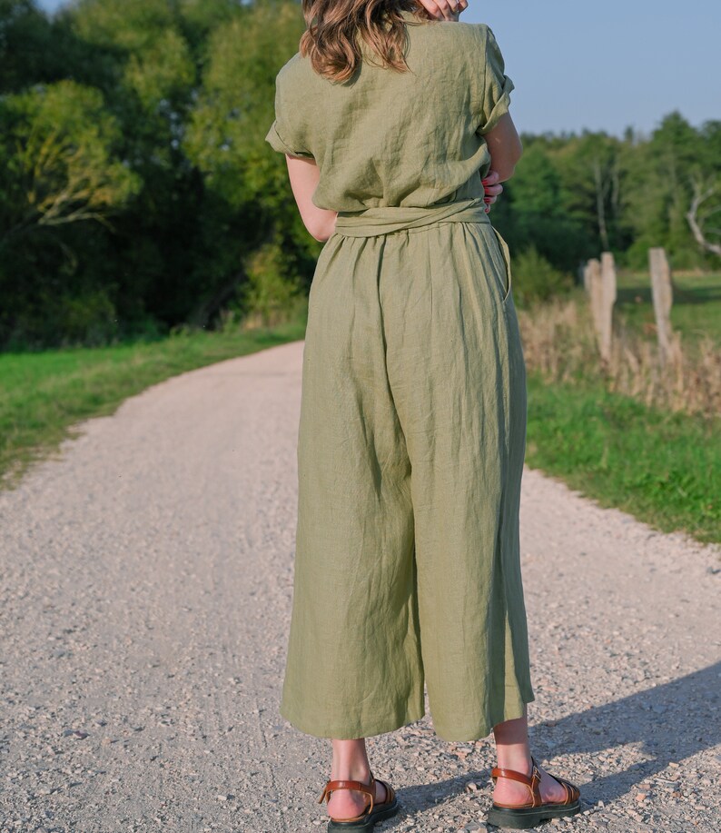 LINEN JUMPSUIT VARVARA Wrap Linen Jumpsuit With Belt Wide Etsy