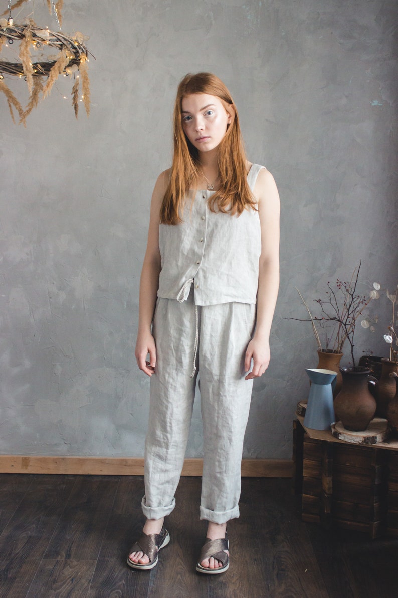 High waisted LINEN PANTS waistband elastic image 5