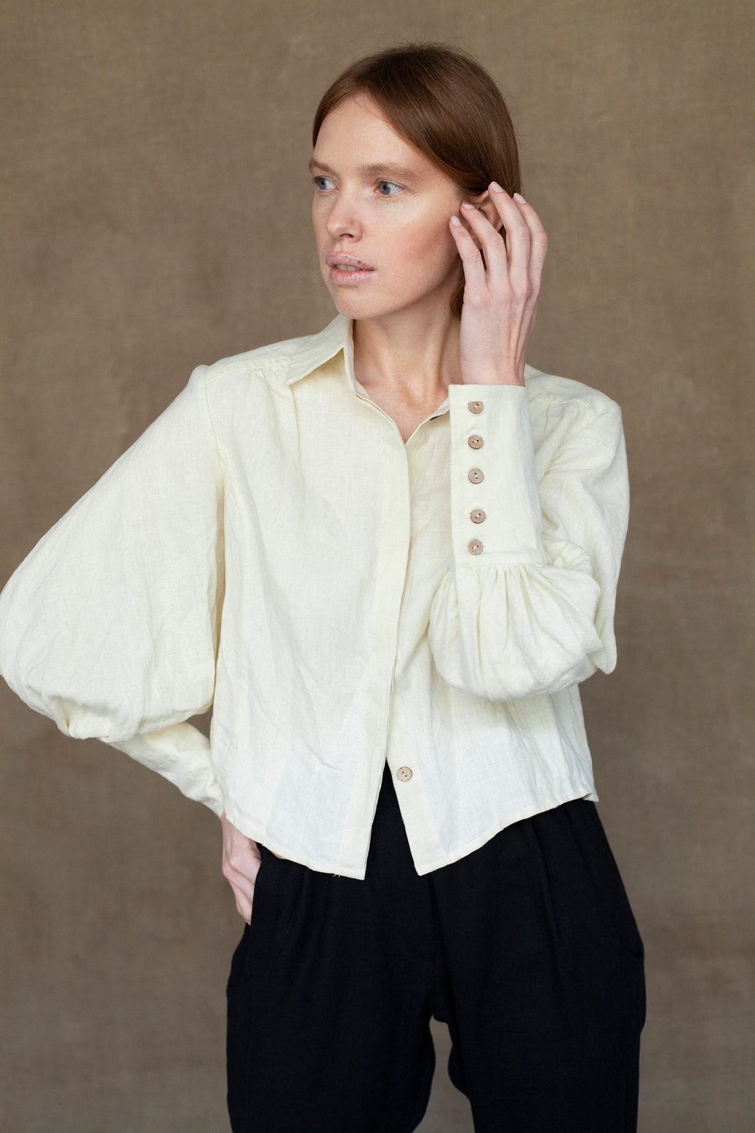 Victorian Linen Blouse, Bishop Sleeve Tailored Shirt, Romantic Cropped Top, Puff Sleeve Button Cuff Blouse