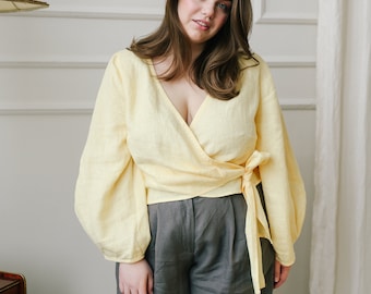 SVETA Linen Wrap Top with Puffy Sleeves, Linen Crop Top