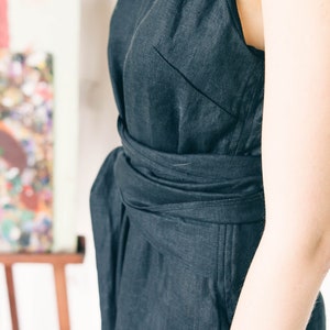 BLACK LINEN DRESS with pockets maxi black boho dress image 10