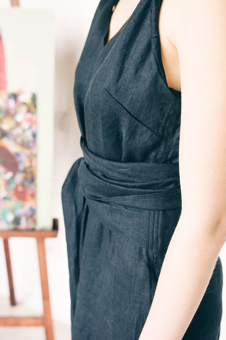 BLACK LINEN DRESS with pockets maxi black boho dress image 10