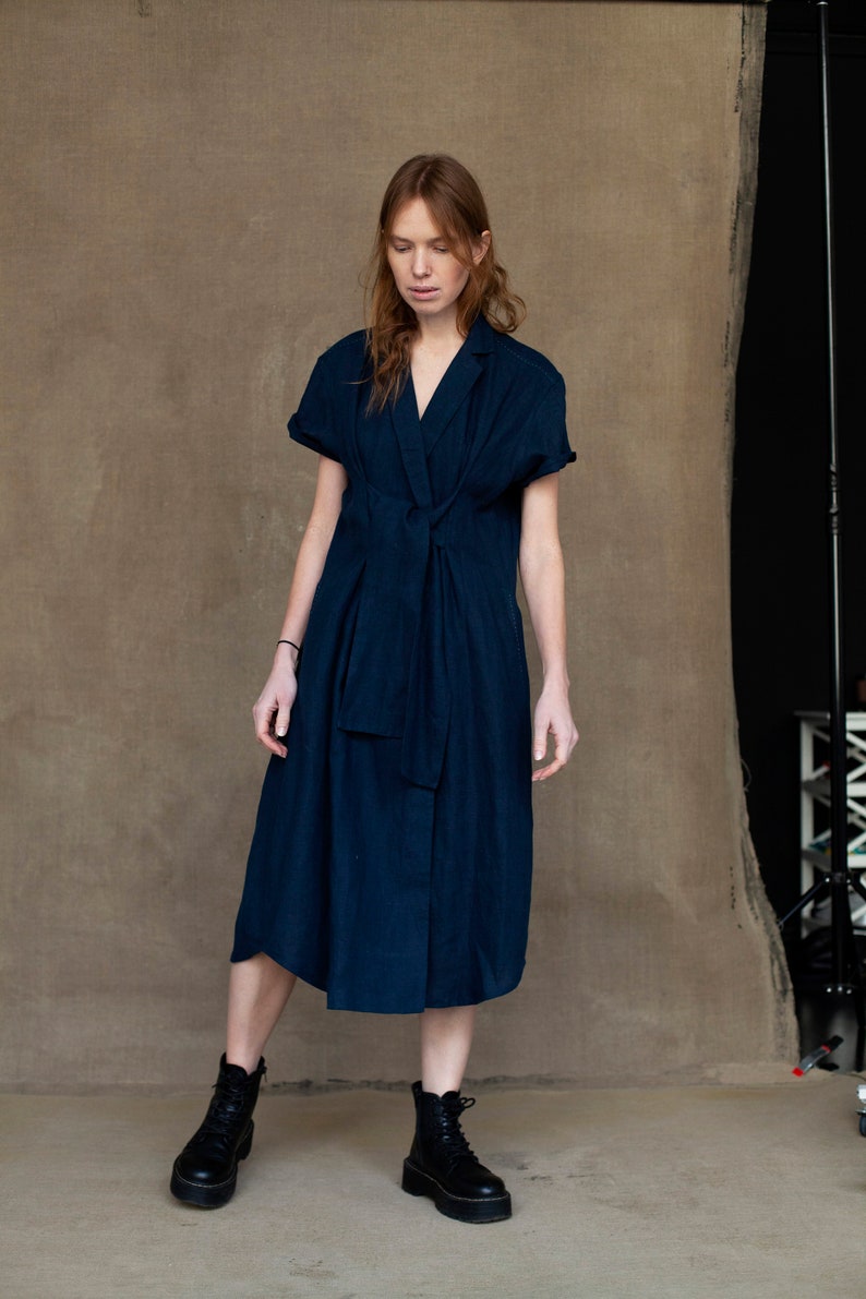 HANNA LINEN DRESS with Belt, Shirt Dress with Pockets, Midi Dress image 1